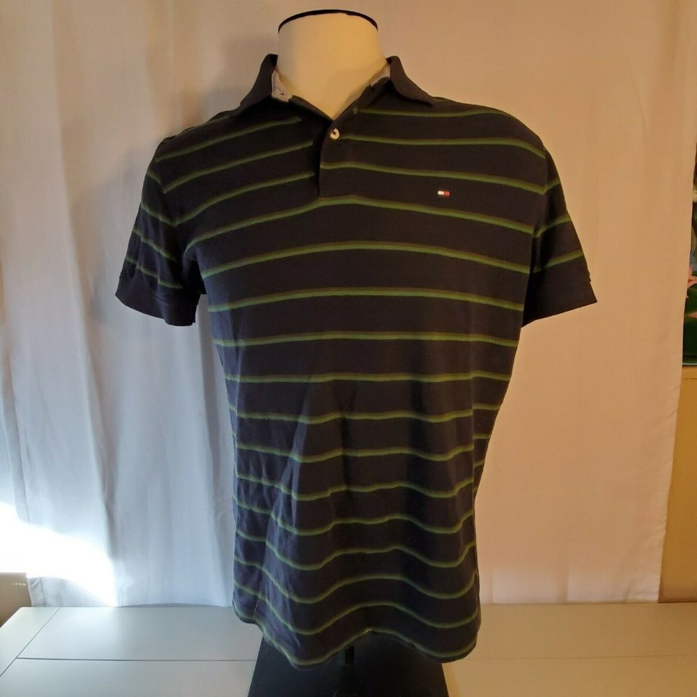 Tommy Hilfiger Mens Polo Size L/G Blue With Green Stripes